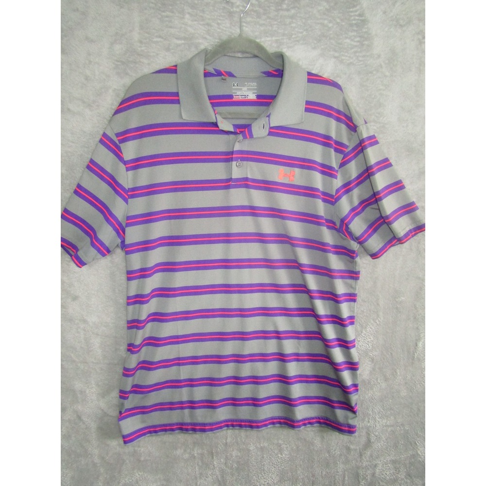 Under Armour‎ Men's Golf Polo Shirt XL Loose Heatgear Gray Purple Pink Stripe